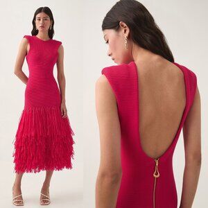 Aje Rushes Raffia Midi Dress Deep Fuchsia Pink Knit Fringe Ribbed Size XS